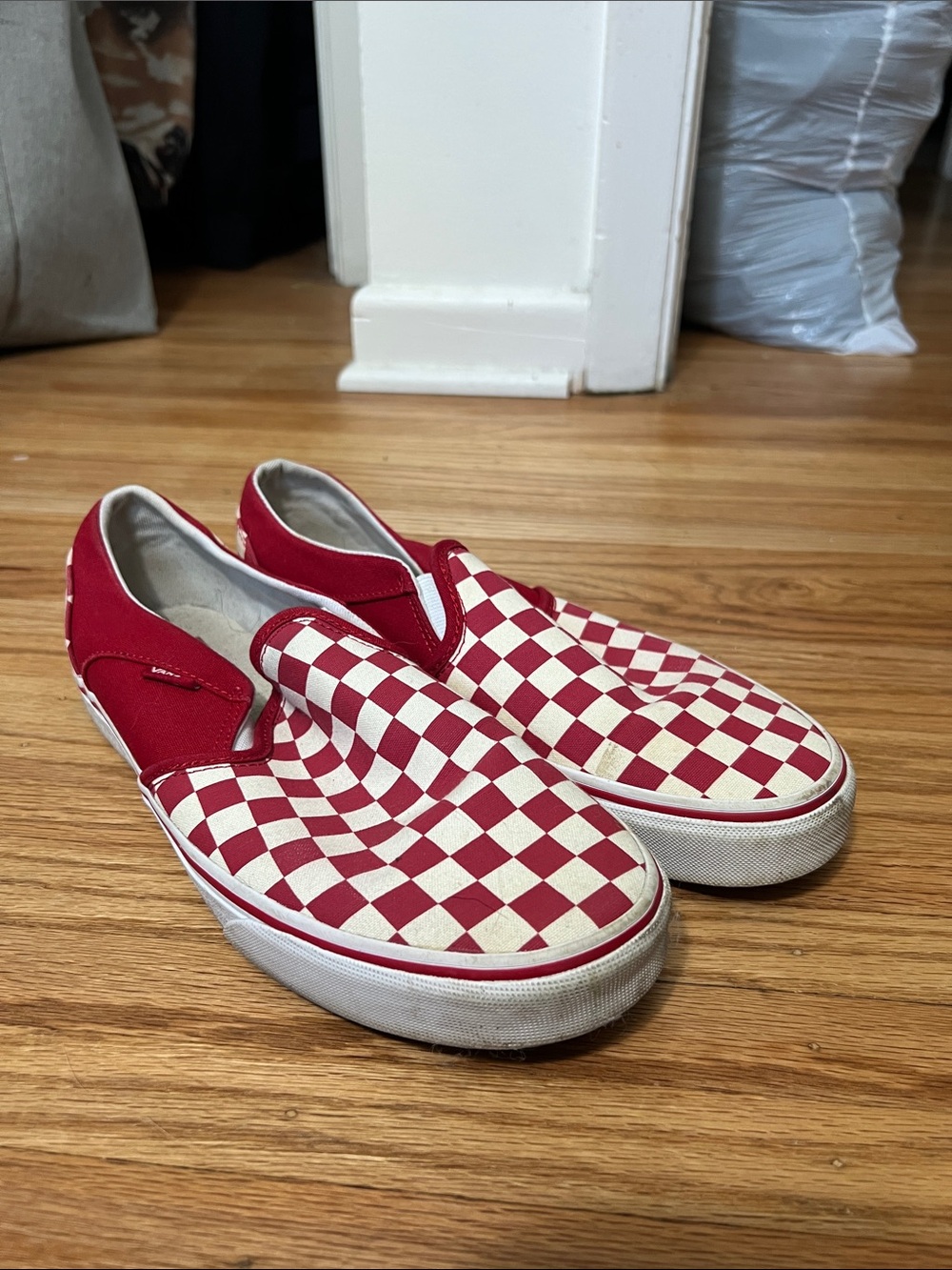 Red and Tan Check Vans Slip-On Canvas Sneakers